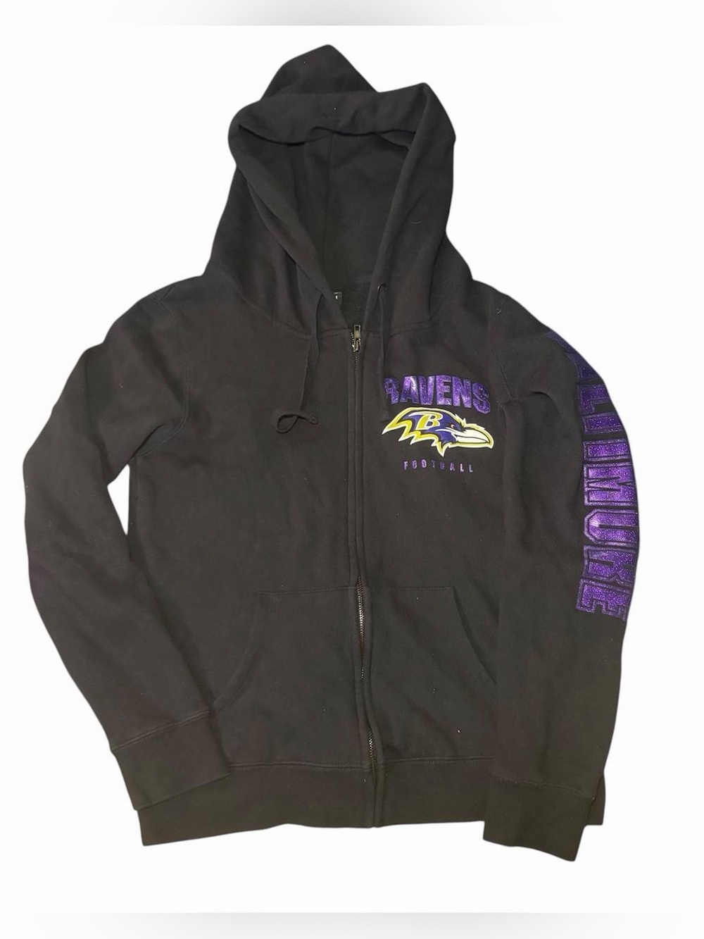 Y2K vintage Baltimore Ravens full zip hoodie black glitter spellout size M